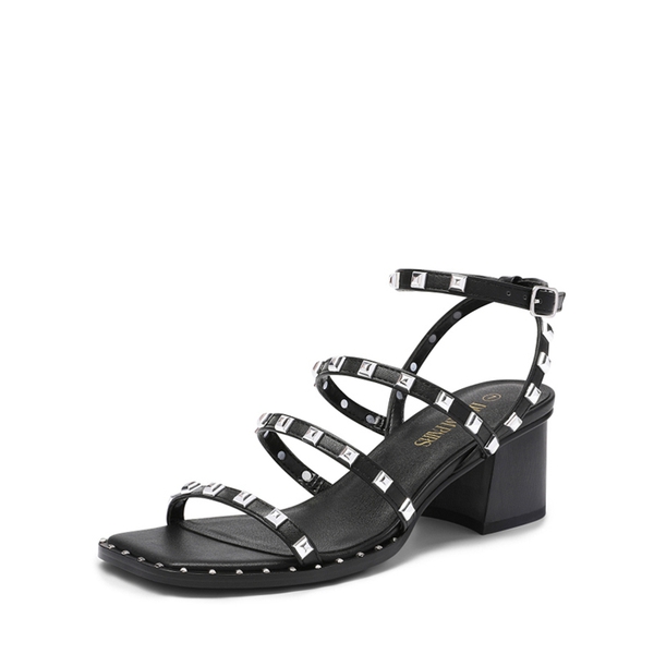 Clear Rhinestone Strappy Chunky Heels - BLACK PU RIVET -  0